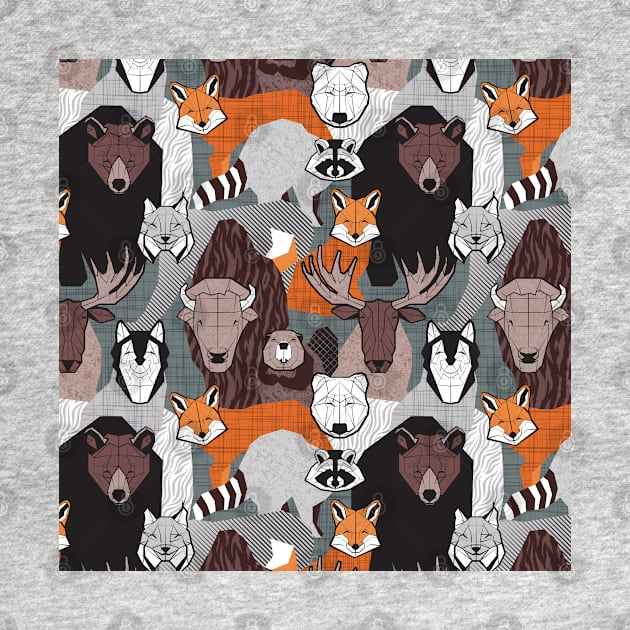 Canadian wild geometric animals // grey green background brown bear bull moose beaver bison grey lynx black and white raccoon bear wolf by SelmaCardoso